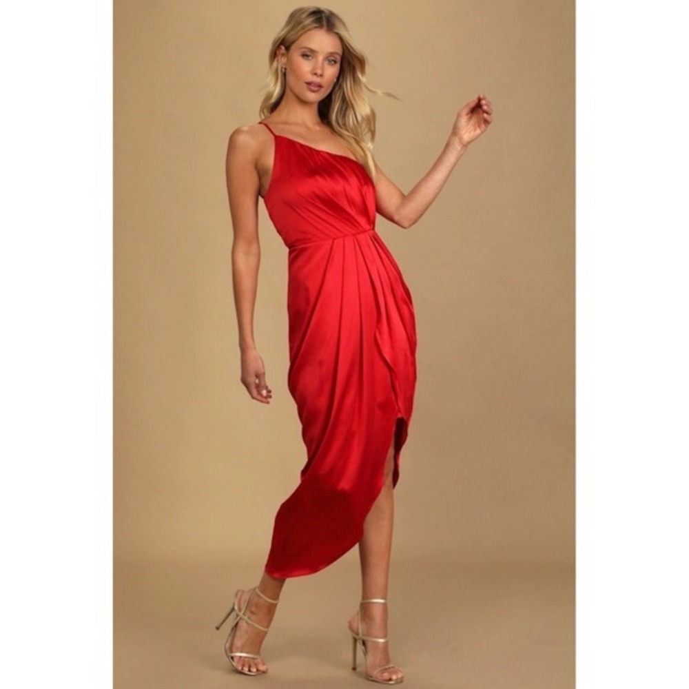 A30 Lulus‎ Law of Attraction Red Satin One-Shoulder Asymmetrical Midi Dress